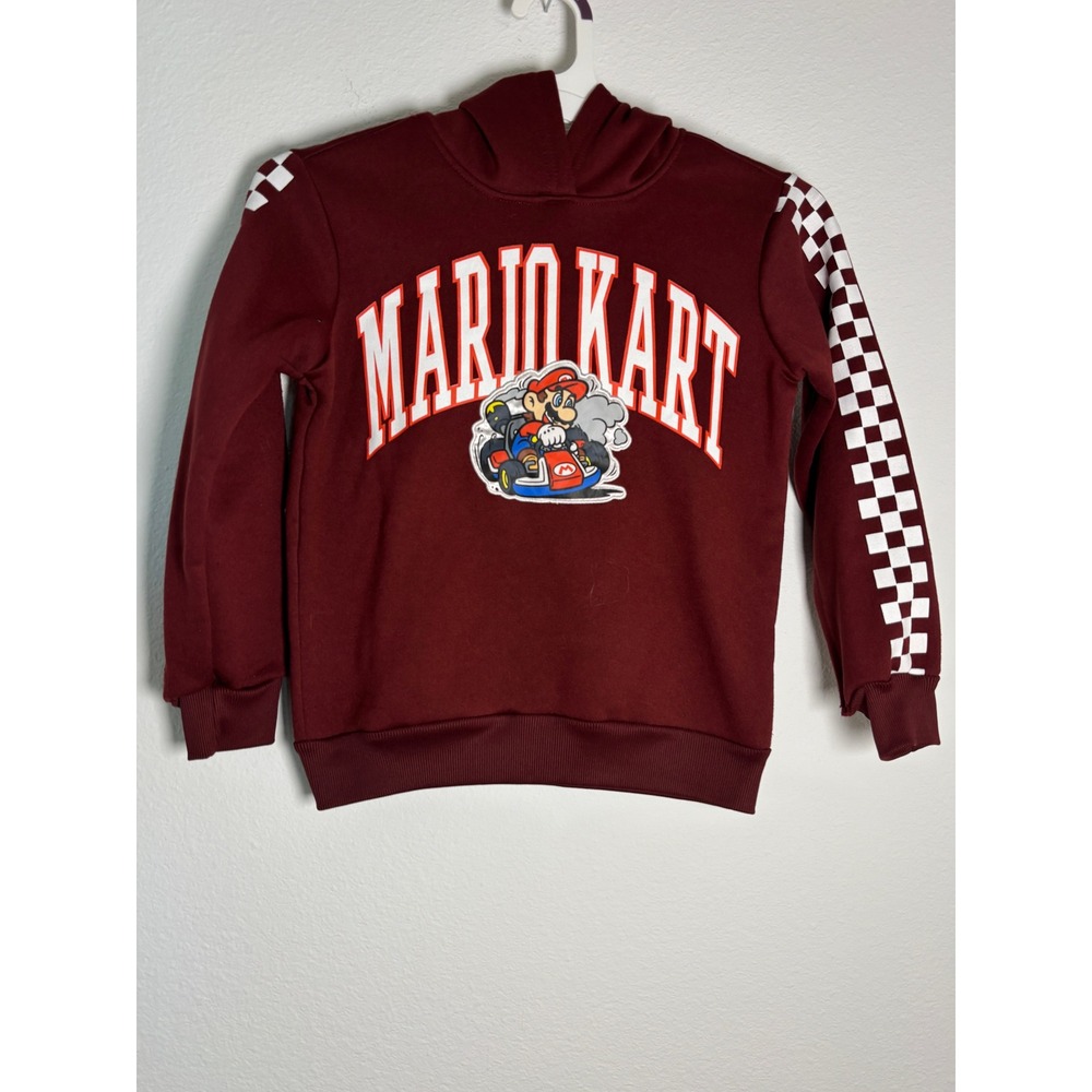 Nintendo Mario Kart Hoodie Boys Maroon Checkered Sleeve Graphic Sweatshirt